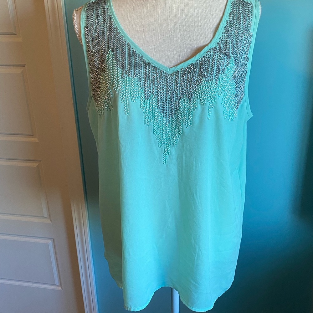 Mint Green Beaded Sleeveless Blouse